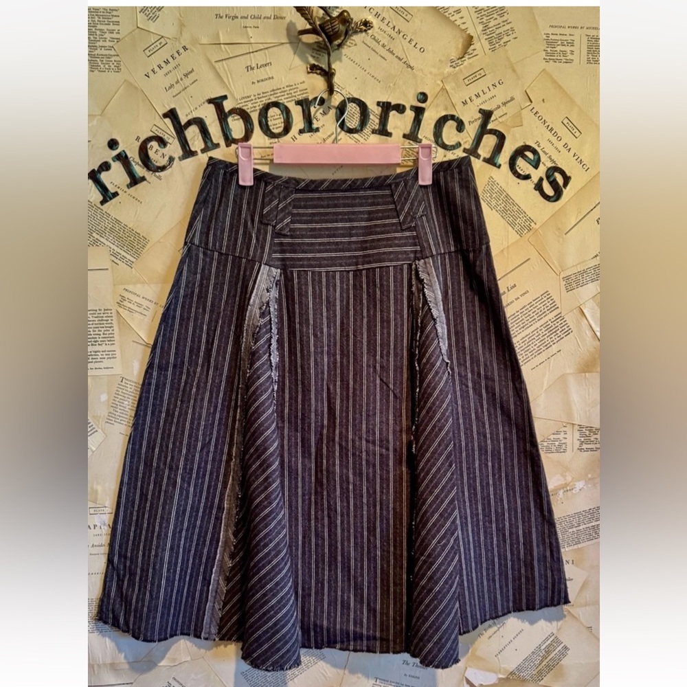 Free People Amelia Midi Skirt Pinstripe Pattern Frayed Seam Grey Combo - Picture 9 of 9